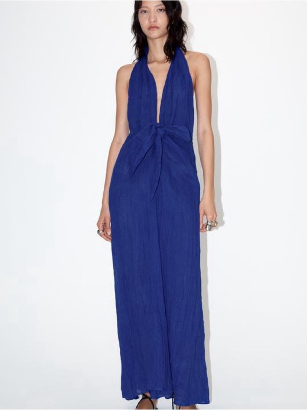 Zara Women's Royal Blue Halter Tie-Front Linen Maxi Dress